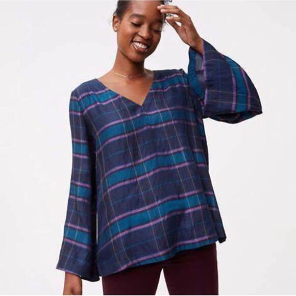 LOFT Blue Plaid Flare Sleeve Swing Top Women’s XS Keyhole Back - Picture 1 of 9